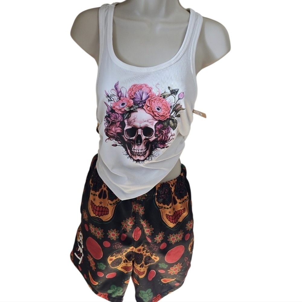 Skull Floral Racerback Tank Top Handmade Size Large - Picture 12 of 17